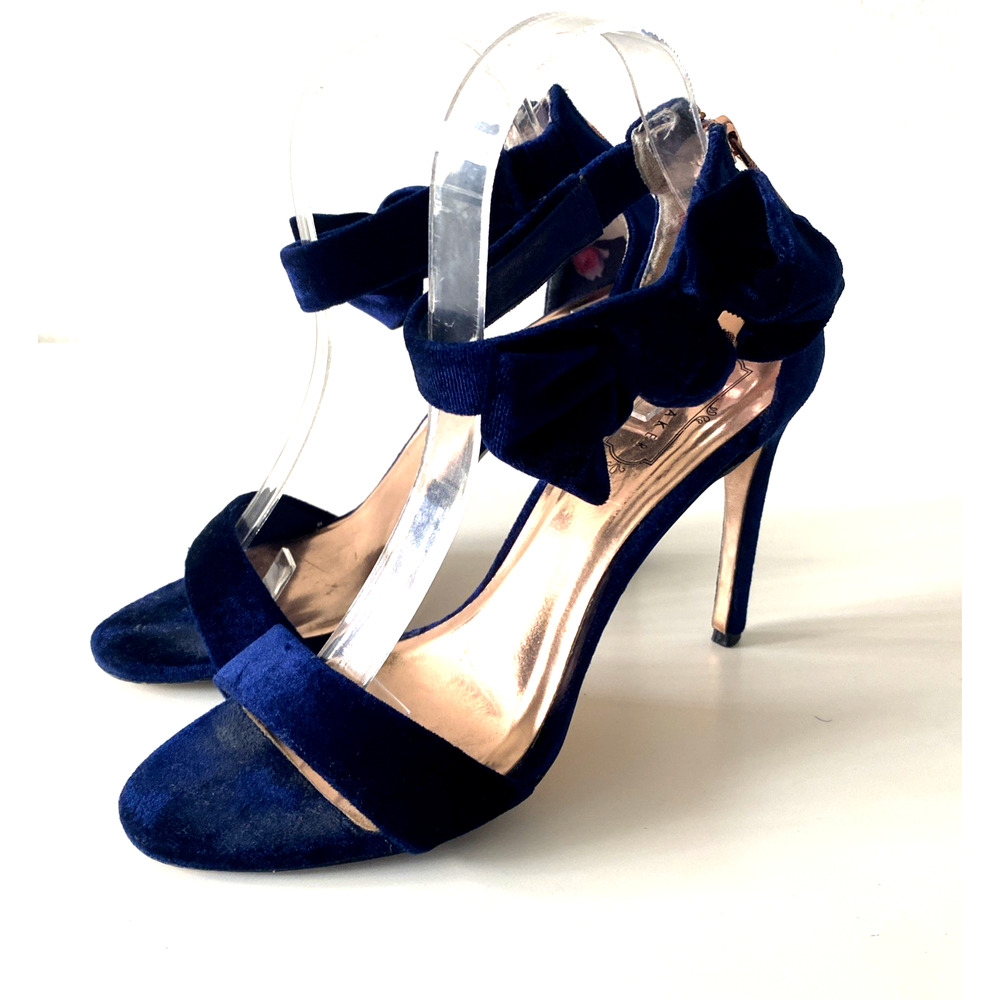Ted Baker Torabel Velvet Blue Sandal Open Toe Slim Heel Stiletto Bow Back Zip 40 - Picture 7 of 10